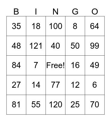 Multiplication Bingo Card