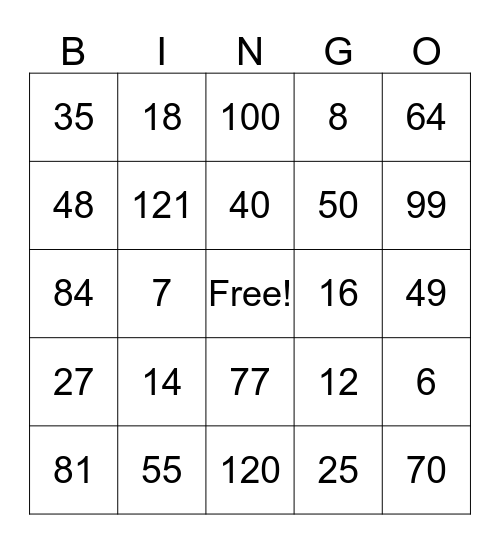 Multiplication Bingo Card