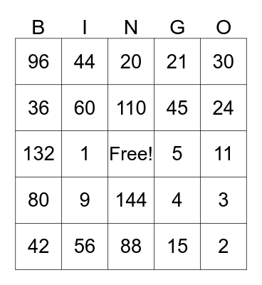 Multiplication Bingo Card