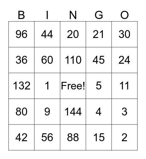 Multiplication Bingo Card