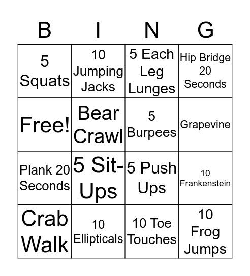 P.E. Bingo Card