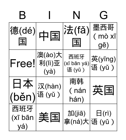 国家 和 语(yǔ)言(yán)  Bingo Card
