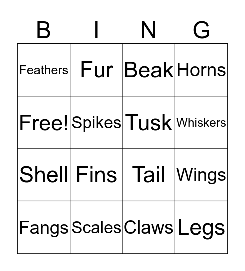 Animal Parts - Unit 5 Bingo Card