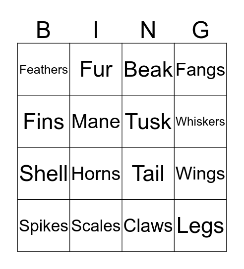 Animal Parts - Unit 5 Bingo Card