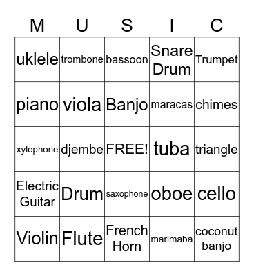Instrument Bingo  Bingo Card