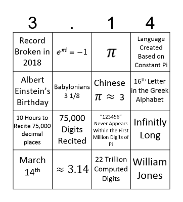 Pi Day Bingo Card