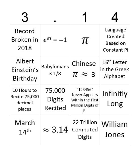 Pi Day Bingo Card