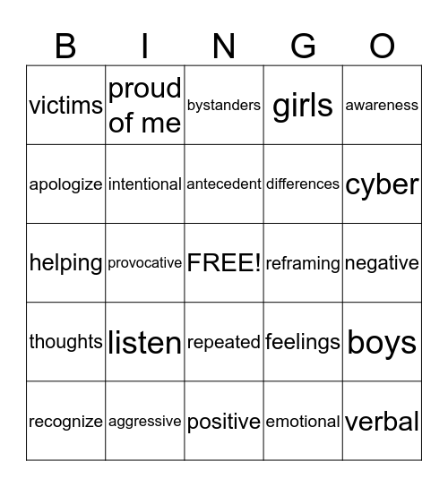 BULLY BUSTERS Bingo Card