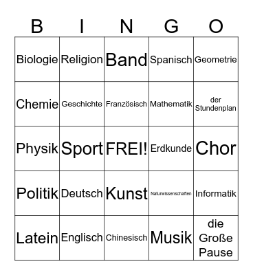 Schulfächer Bingo Card