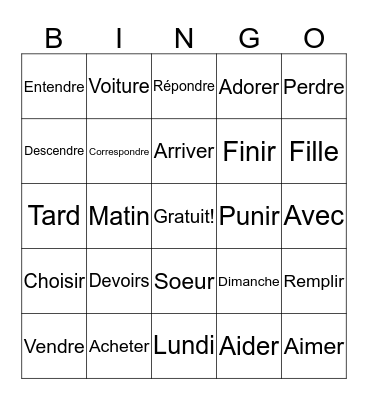 Verbes ER-IR-RE & vocabulaire commun Bingo Card