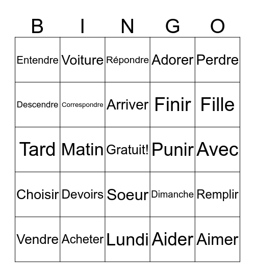 Verbes ER-IR-RE & vocabulaire commun Bingo Card