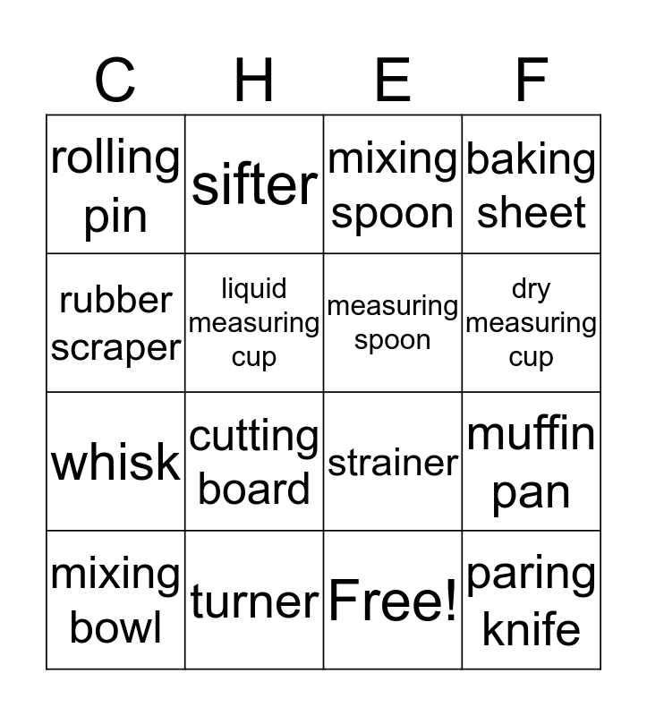 Kitchen Utensils Bingo Card