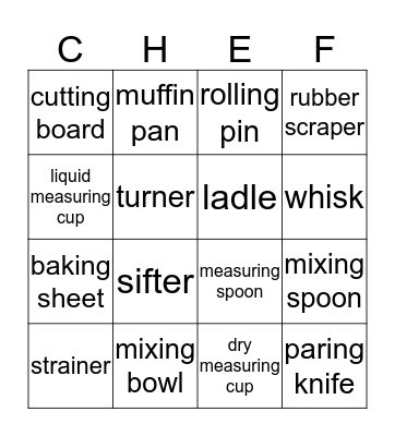 Kitchen Utensils Bingo Card