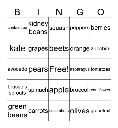 Healthy fruits and vegetables Bingo Card
