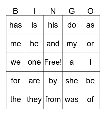 Kinder Sight Words Bingo Card