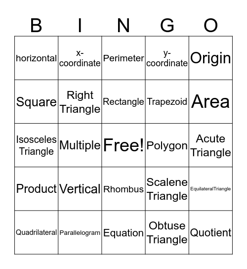 Math #1  Bingo Card