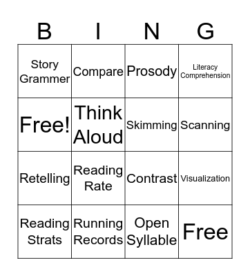 Literacy Bingo 3 Bingo Card
