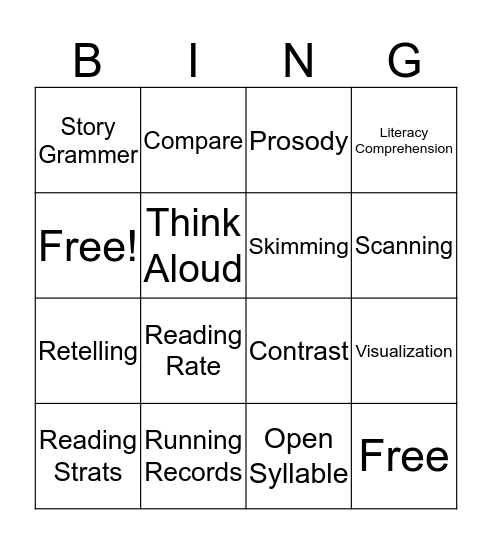 Literacy Bingo 3 Bingo Card