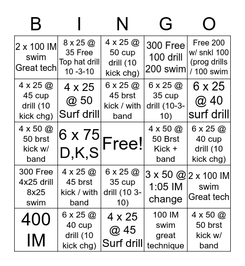 Swim Bingo Card