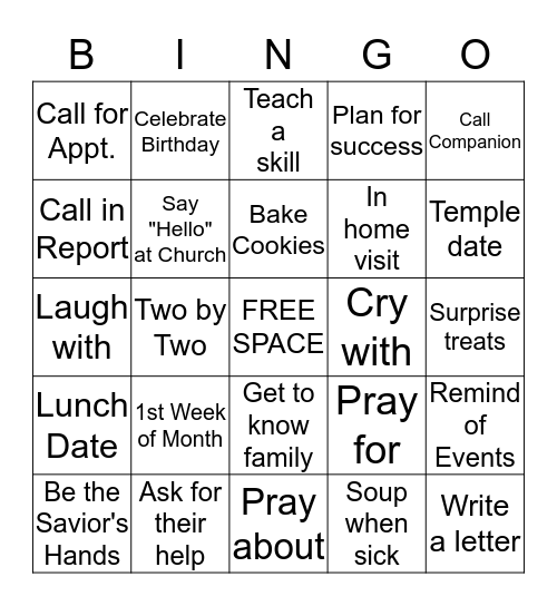 Inspired Visiting Teaching Bingo Card