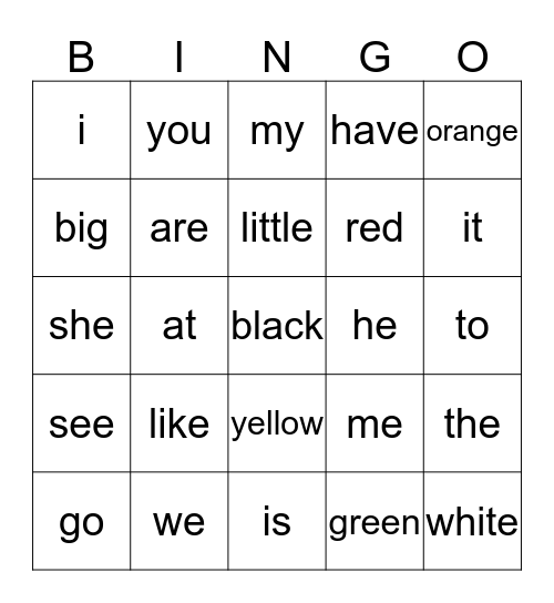 sight words Bingo Card