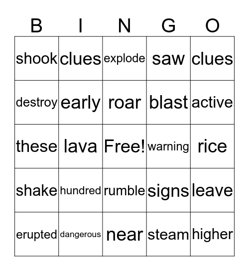 Volcanoes Bingo Card