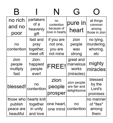 Seek to Bring Forth Zion Bingo Card