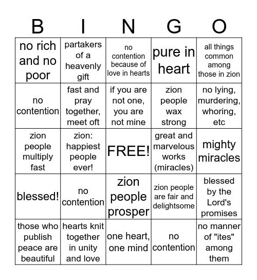 Seek to Bring Forth Zion Bingo Card