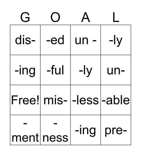 Prefix and Suffix Bingo Card