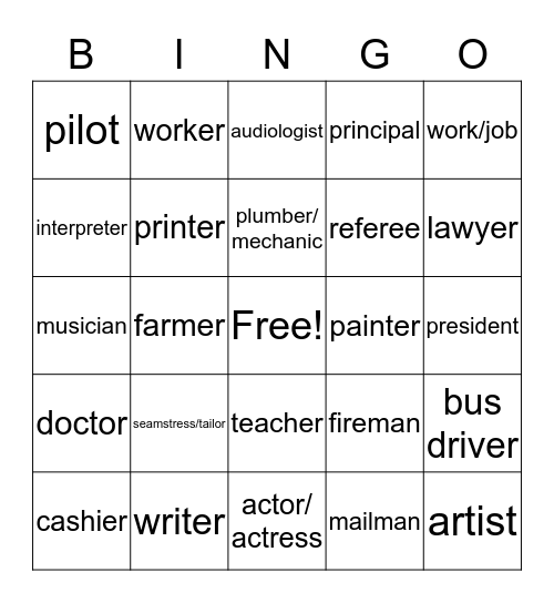 Occupations Bingo Card