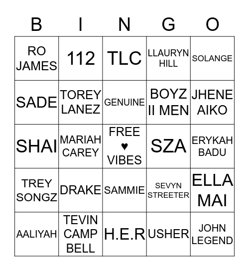 R&B  Bingo Card