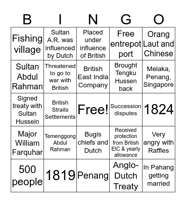 When the British came to Singapore Bingo Card