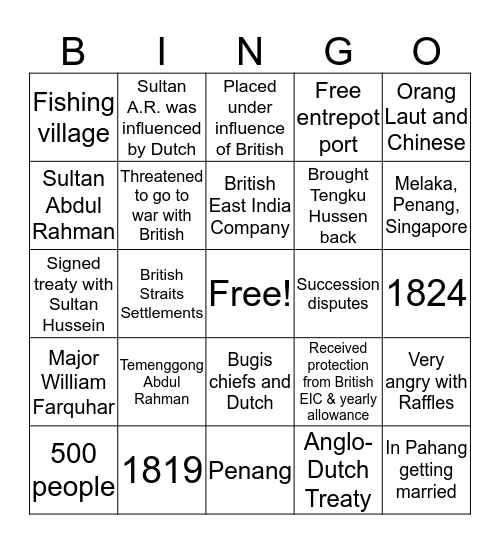 When the British came to Singapore Bingo Card