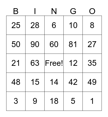Multiplication Bingo Card