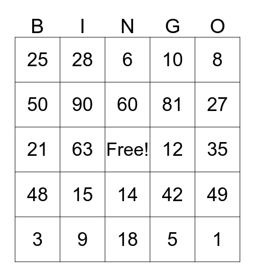 Multiplication Bingo Card