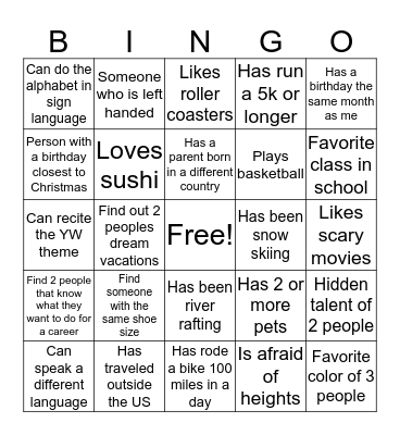 Friendship Bingo Card