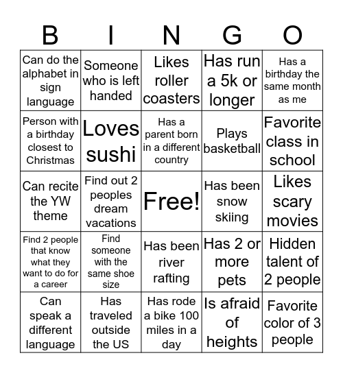 Friendship Bingo Card