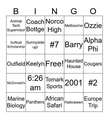 Amy's Just Outta of my Thirties  Bingo Card