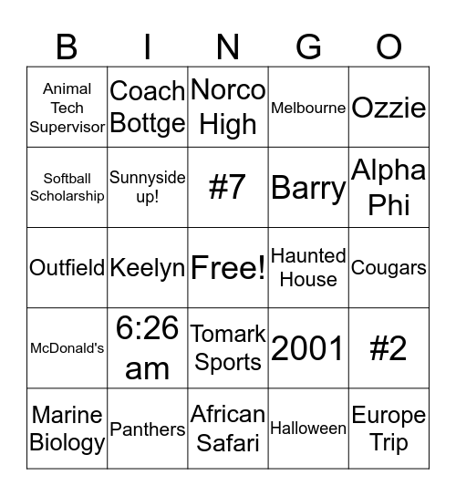 Amy's Just Outta of my Thirties  Bingo Card