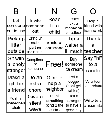 Random Acts of Kindness Bingo Card