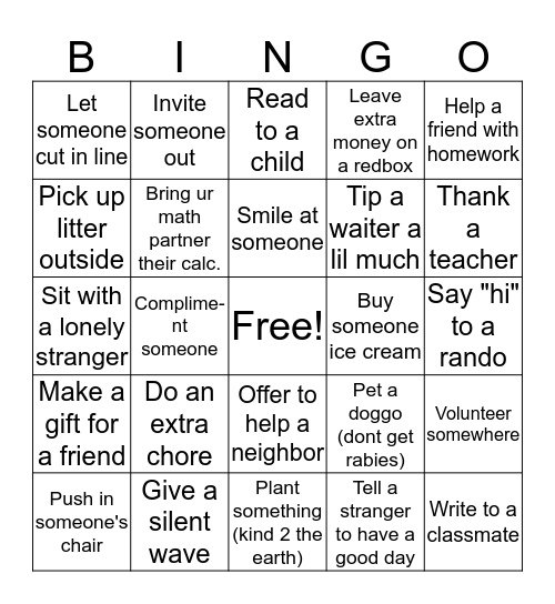 Random Acts of Kindness Bingo Card