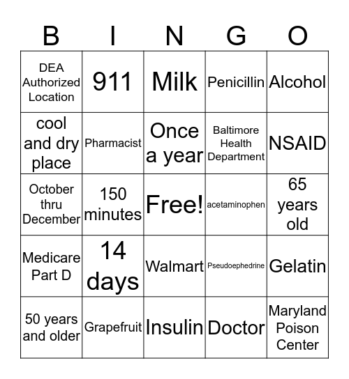 Healthy Medication Bingo Card