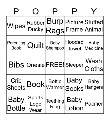 Bekah's Baby Shower Bingo Card