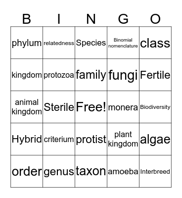 Bio Bingo Card