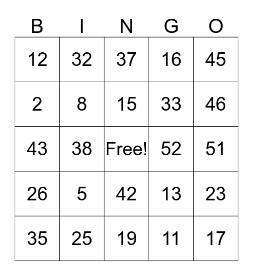 Number bingo Card
