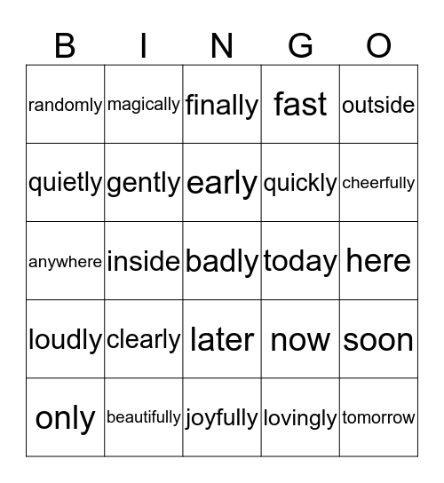 Adverbs Bingo Card