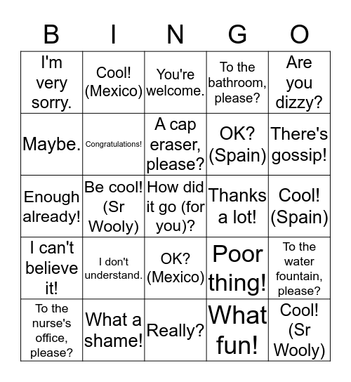 Expresiones:  Semanas 1 - 5 Bingo Card