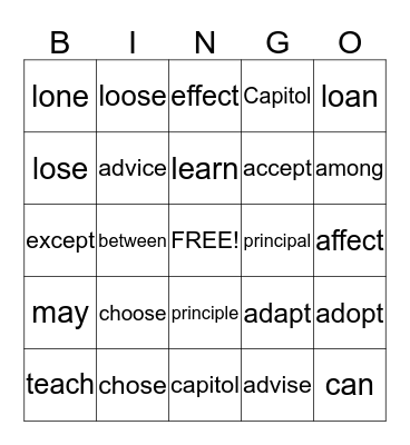 Commonly Confused Words Bingo Card