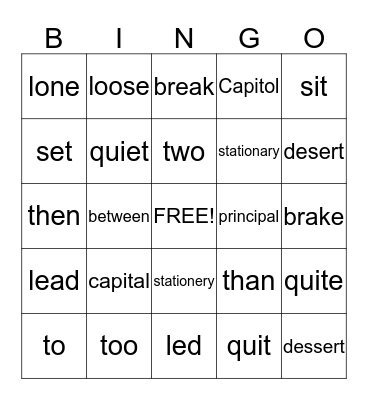 Commonly Confused Words Bingo Card