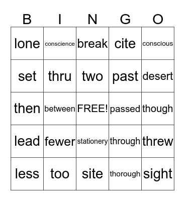 Commonly Confused Words Bingo Card